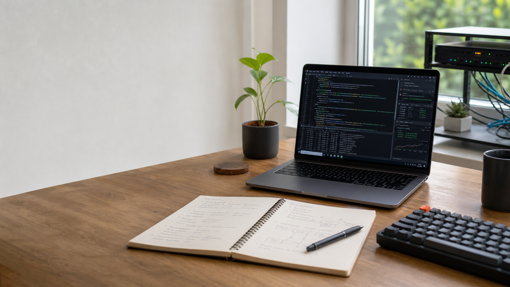 A developer workspace with a laptop, notebook, keyboard, and homelab equipment.